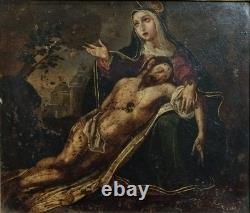 Pietà. Huile Sur Cuivre. Cadre D'époque En Bois Sculpté Et Doré. Espagne. Xviie