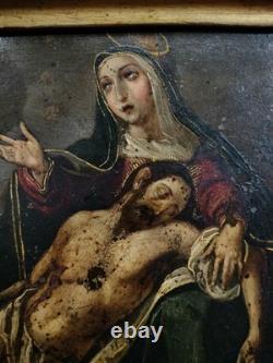 Pietà. Huile Sur Cuivre. Cadre D'époque En Bois Sculpté Et Doré. Espagne. Xviie