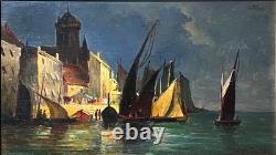 Port animé, huile sur panneau, signée Jules DULAC. 13,5x22,5 cm