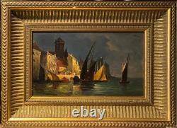 Port animé, huile sur panneau, signée Jules DULAC. 13,5x22,5 cm