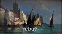 Port animé, huile sur panneau, signée Jules DULAC. 13,5x22,5 cm