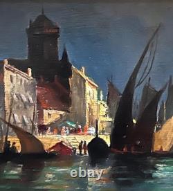 Port animé, huile sur panneau, signée Jules DULAC. 13,5x22,5 cm