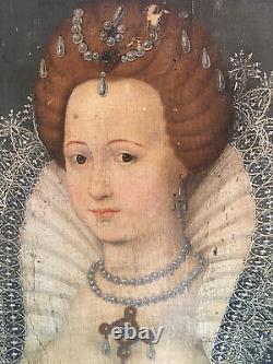 Portrait d' Elisabeth Ière, reine d'Angleterre, huile sur panneau, 17è, 18è, 19è