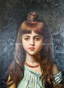 Portrait d'Une Petite Fille Au Collier de Corail Huile Sur Bois Beau Cadre Doré