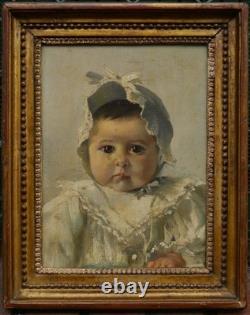 Portrait d'un joli bébé, Ecole fin 19è dans cadre ancien 18è Louis XVI