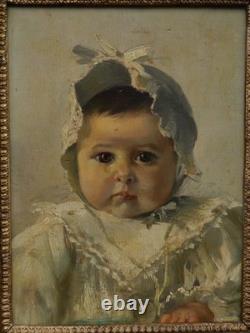 Portrait d'un joli bébé, Ecole fin 19è dans cadre ancien 18è Louis XVI