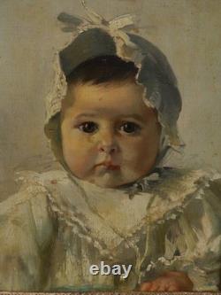 Portrait d'un joli bébé, Ecole fin 19è dans cadre ancien 18è Louis XVI