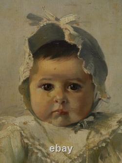 Portrait d'un joli bébé, Ecole fin 19è dans cadre ancien 18è Louis XVI