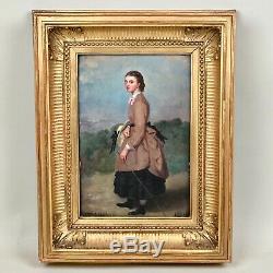 Portrait d'une élégante à la cravache, huile sur panneau 1853