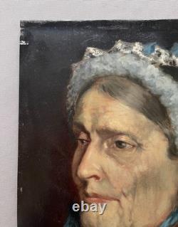 Portrait de femme au ruban bleu, huile sur panneau, tableau ancien, peinture