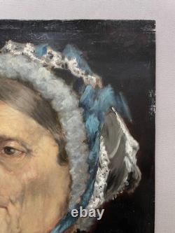 Portrait de femme au ruban bleu, huile sur panneau, tableau ancien, peinture
