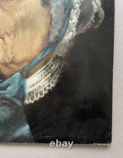 Portrait de femme au ruban bleu, huile sur panneau, tableau ancien, peinture