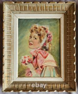 Portrait de jeune femme élégante Huile sur toile années 50 / 60 Cadre bois 4 F