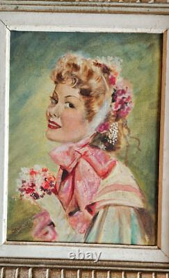 Portrait de jeune femme élégante Huile sur toile années 50 / 60 Cadre bois 4 F