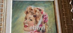 Portrait de jeune femme élégante Huile sur toile années 50 / 60 Cadre bois 4 F