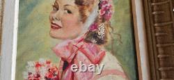 Portrait de jeune femme élégante Huile sur toile années 50 / 60 Cadre bois 4 F