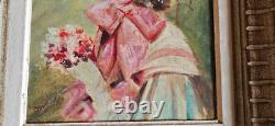 Portrait de jeune femme élégante Huile sur toile années 50 / 60 Cadre bois 4 F