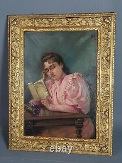Portrait de jeune femme lisant Lamartine signé, daté 1894, 28x22 cm SB