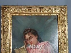Portrait de jeune femme lisant Lamartine signé, daté 1894, 28x22 cm SB