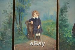 Portrait miniature enfant L DUGARDIN famille XIXe Huile sur bois & photo Tableau