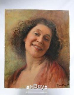 ROUX-ABOUGIT (EC. LYONNAISE) BEAU PORTRAIT DE FEMME Ca 1930 H/P ART DECO SOURIRE