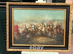 Rare Carré Peinture Huile sur Toile Antique Bataille Cadre en Bois 87 x 67