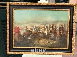 Rare Carré Peinture Huile sur Toile Antique Bataille Cadre en Bois 87 x 67