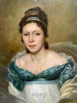 Rare tableau signé portrait jeune femme XIXème peinture atelier Baron Gérard