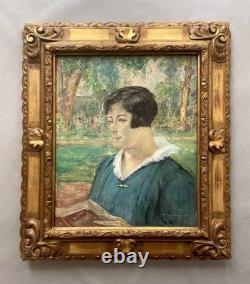 Richard Ranft, portrait de femme au jardin, tableau ancien signé, peinture