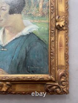 Richard Ranft, portrait de femme au jardin, tableau ancien signé, peinture