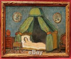 Robert LEMONNIER tableau huile érotique femme nue lit château Batisse Auvergne