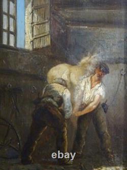 SUPERBE PEINTURE IMPRESSIONNISTE XIXe-MARÉCHAL FERRANT & CHEVAL EN PLEIN FERRAGE