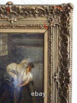 SUPERBE PEINTURE IMPRESSIONNISTE XIXe-MARÉCHAL FERRANT & CHEVAL EN PLEIN FERRAGE