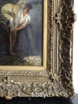 SUPERBE PEINTURE IMPRESSIONNISTE XIXe-MARÉCHAL FERRANT & CHEVAL EN PLEIN FERRAGE