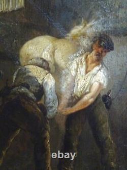 SUPERBE PEINTURE IMPRESSIONNISTE XIXe-MARÉCHAL FERRANT & CHEVAL EN PLEIN FERRAGE