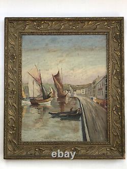 SUPERBE ancien TABLEAU PEINTURE sur BOIS MARINE PORT BRETON VOILIERS signé B