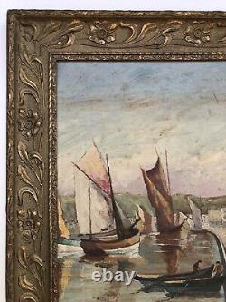 SUPERBE ancien TABLEAU PEINTURE sur BOIS MARINE PORT BRETON VOILIERS signé B