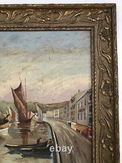 SUPERBE ancien TABLEAU PEINTURE sur BOIS MARINE PORT BRETON VOILIERS signé B