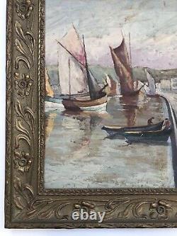 SUPERBE ancien TABLEAU PEINTURE sur BOIS MARINE PORT BRETON VOILIERS signé B