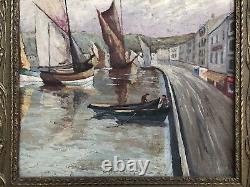 SUPERBE ancien TABLEAU PEINTURE sur BOIS MARINE PORT BRETON VOILIERS signé B