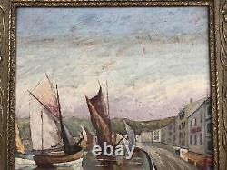 SUPERBE ancien TABLEAU PEINTURE sur BOIS MARINE PORT BRETON VOILIERS signé B