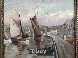 SUPERBE ancien TABLEAU PEINTURE sur BOIS MARINE PORT BRETON VOILIERS signé B