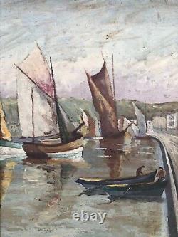 SUPERBE ancien TABLEAU PEINTURE sur BOIS MARINE PORT BRETON VOILIERS signé B