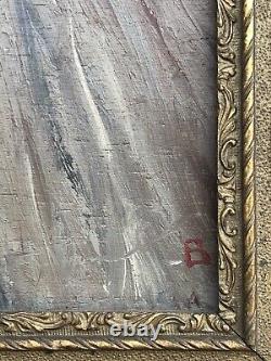 SUPERBE ancien TABLEAU PEINTURE sur BOIS MARINE PORT BRETON VOILIERS signé B