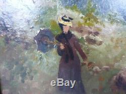 SUPERBE huile sur acajou IMPRESSIONNISTE Signé A. Nicolas 1892 femme ombrelle