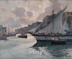 Scène Marine Port Italienne avec Voiliers Peinture Huile Impressionniste signée