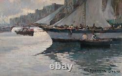 Scène Marine Port Italienne avec Voiliers Peinture Huile Impressionniste signée