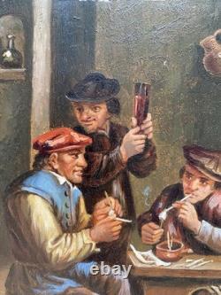Scène Taverne D'après Teniers Hollandais Flamand XVII Tableau Ancien Huile XIX