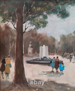 Scène animée dans le parc de Naples Vieille Peinture à l'huile originale signée