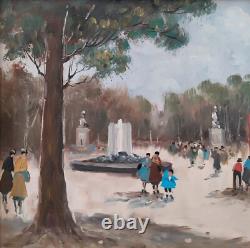 Scène animée dans le parc de Naples Vieille Peinture à l'huile originale signée